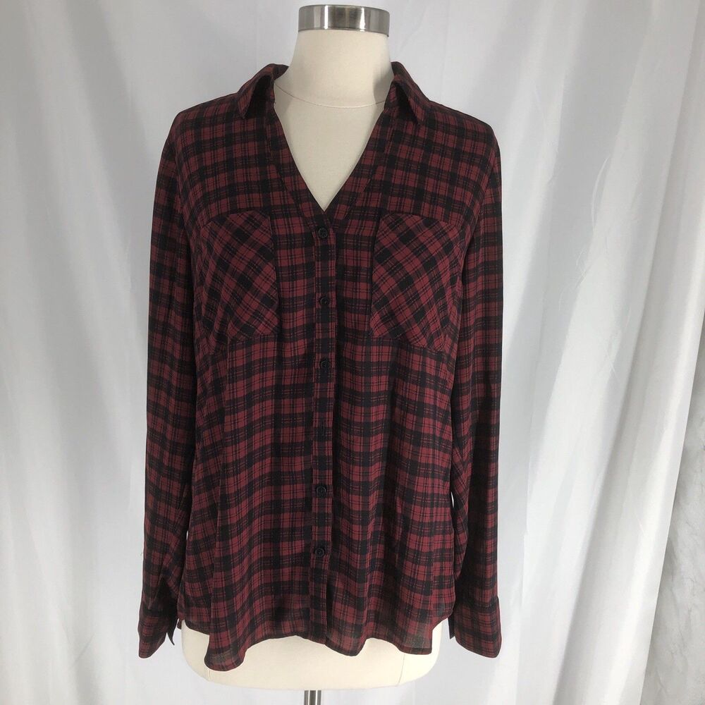 Express Portofino Slim Red Plaid Blouse Medium